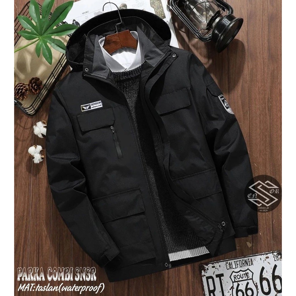 BSTR . Jaket Taslan Pria . Jaket Parka Pria Terbaru . Jaket Parka Combi SNSR . Jaket Waterproof