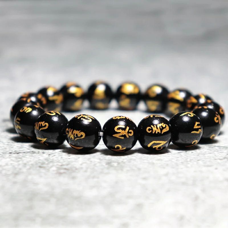 Gelang Batu Tibet Mantra Bulat Hitam Gelang Feng Shui