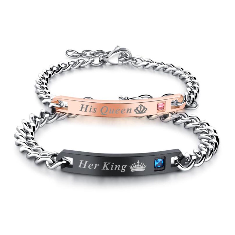 His Queen &amp; Her King Gelang Tangan Rantai Titanium Steel Warna Rose Gold / Hitam / Silver Untuk Pria / Wanita