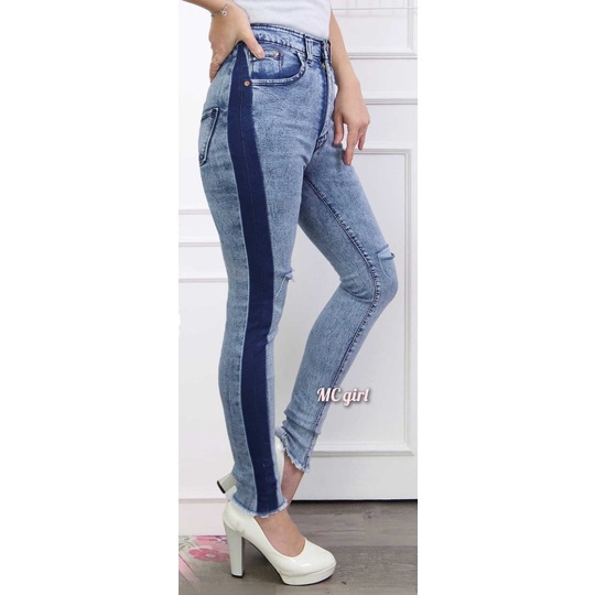 MC girl - Celana Jeans List Samping Sobek Garis Tidak Tembus Wanita / Celana Panjang Skinny Denim Warna Snow Lis Cewek / Lepis Pants Rumbai Ripped / Celana Pensil Rawis