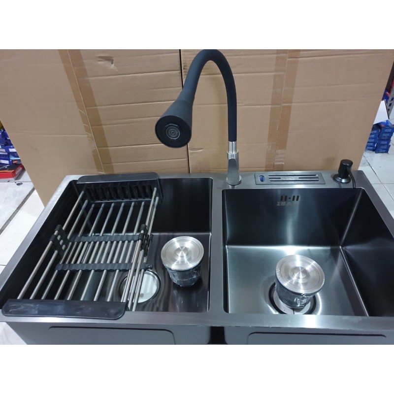 KITCHEN SINK BLACK HITAM / bak cuci piring 2 lubang stainless SUS304 tebal 3mm 82X45 ANTI KARAT