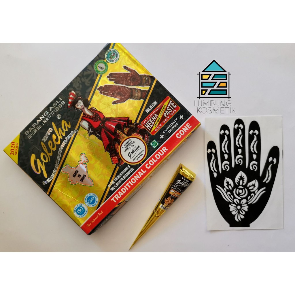 Paket Henna Neha / Golecha Hitam + Cetakan Sticker Hena Black Cone Nail Art Ecer