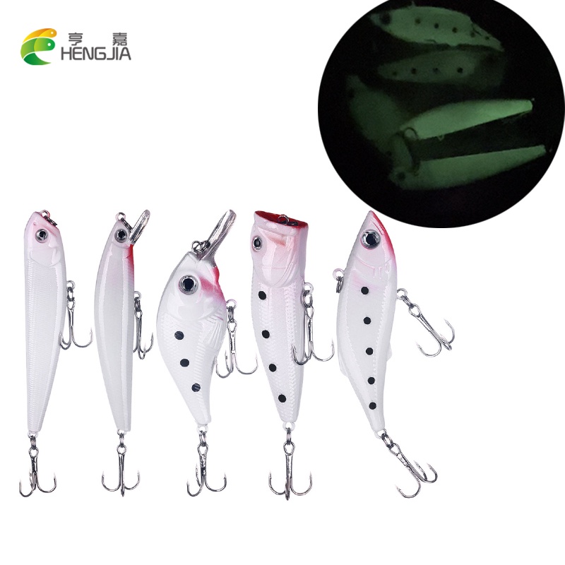 Hengjia 1pcs Umpan Pancing Minnow Popper Crankabit VIB Pencil Fishing Lure Bentuk Ikan Kecil Putih Bermata 3d Luminous Plastic Bait Fishing Tackle