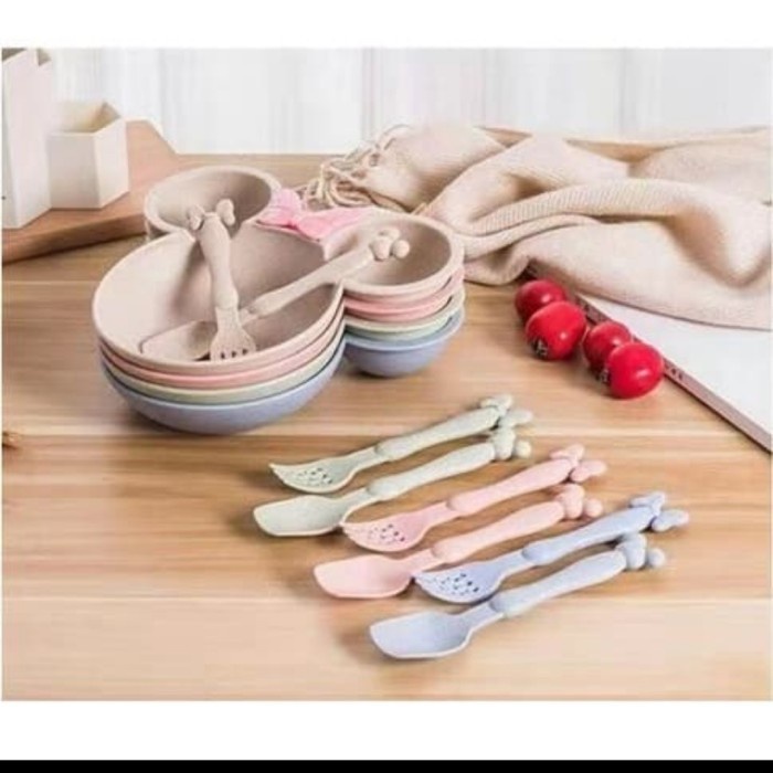 Piring Set Sendok Garpu Bentuk Mickey Mouse Bowl Peralatan Makan Mangkok Anak  Mangkuk Dapur-G318