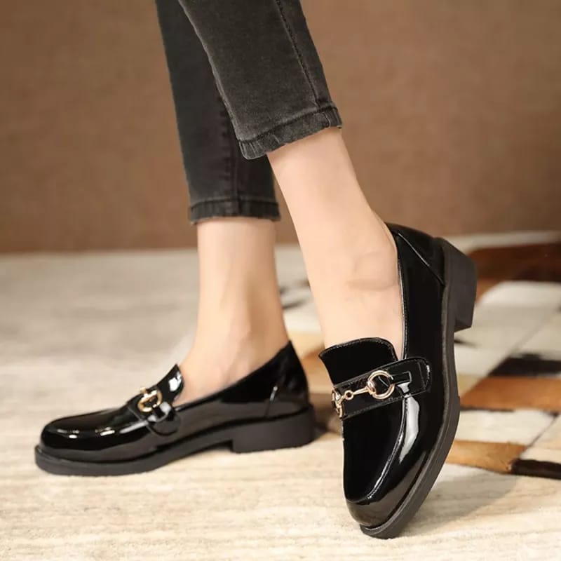 fakhrieshop- SEPATU LOAFERS WANITA FLAT PREMIUM BLACK GLOSY 908