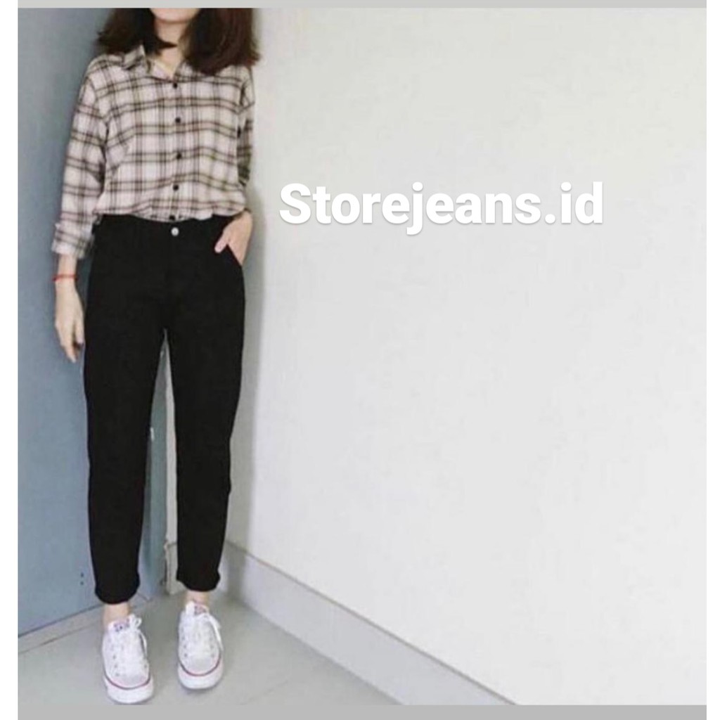  Celana  Highwaist Wanita Boyfriend  Jeans Polos JSK Warna 