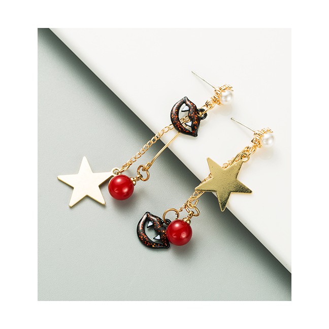 LRC Anting Tusuk Fashion Red Halloween Five-pointed Star Imitation Pearl Lips Irregular P50058