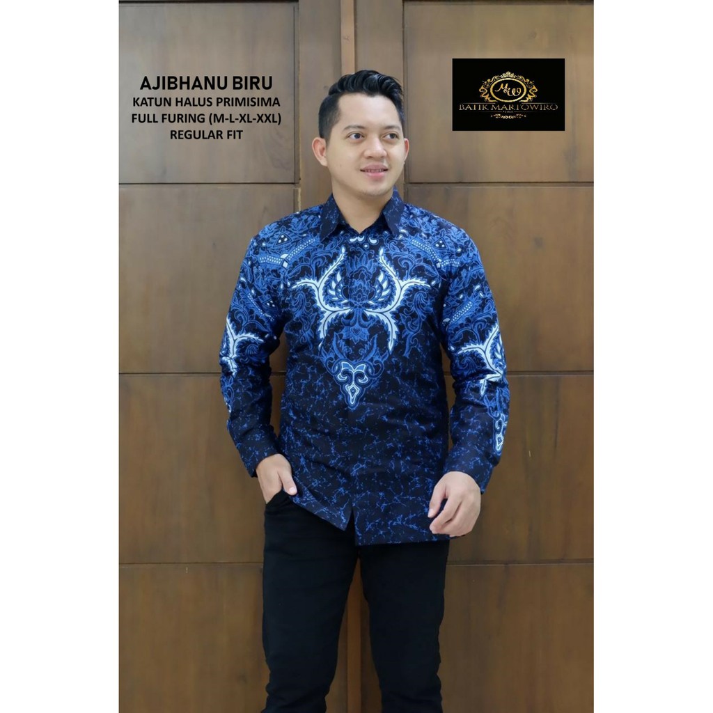 AJIBHANU BIRU Kemeja Batik Pria Full Furing Bahan Katun Primisima