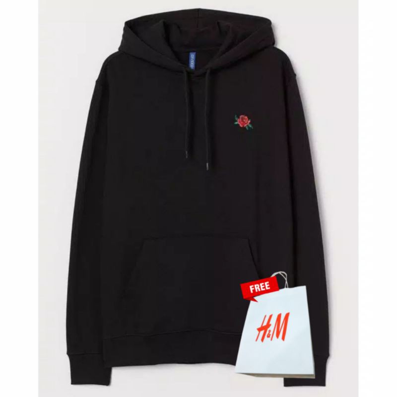 Sweater Hoodie H&M Crewneck Hodie HNM ROSE Bordir Black Jaket Hitam Pria Wanita Cowok Cewek Branded