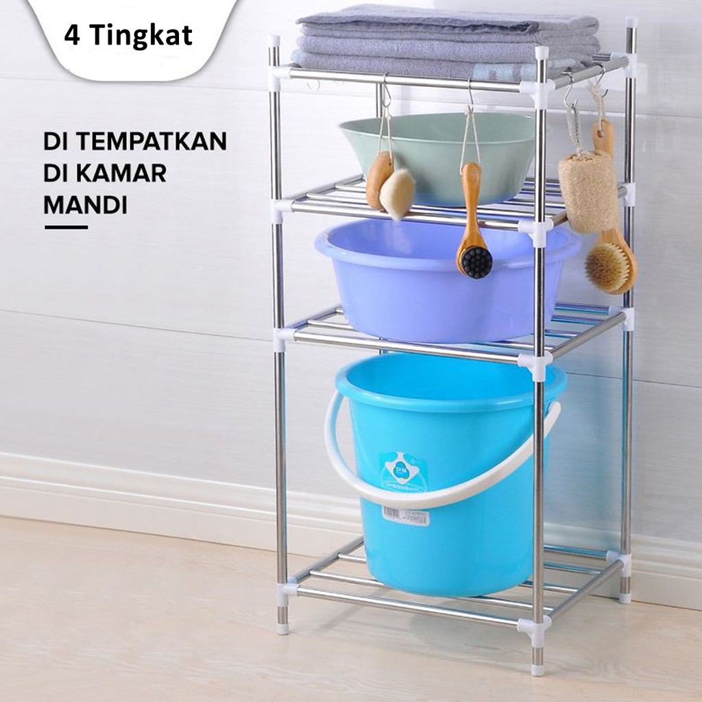 Rak Dapur Tingkat Kamar Mandi Sepatu Panci Teflon Piring Mangkok Stainless Steel 2 Susun 4 Susun