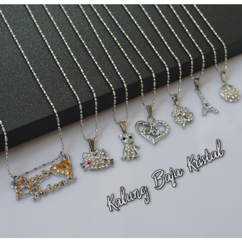 Kalung Baja Liontin Mata Kristal Motif Hello Kity, Paris, Love, Gitar, Friend Dll