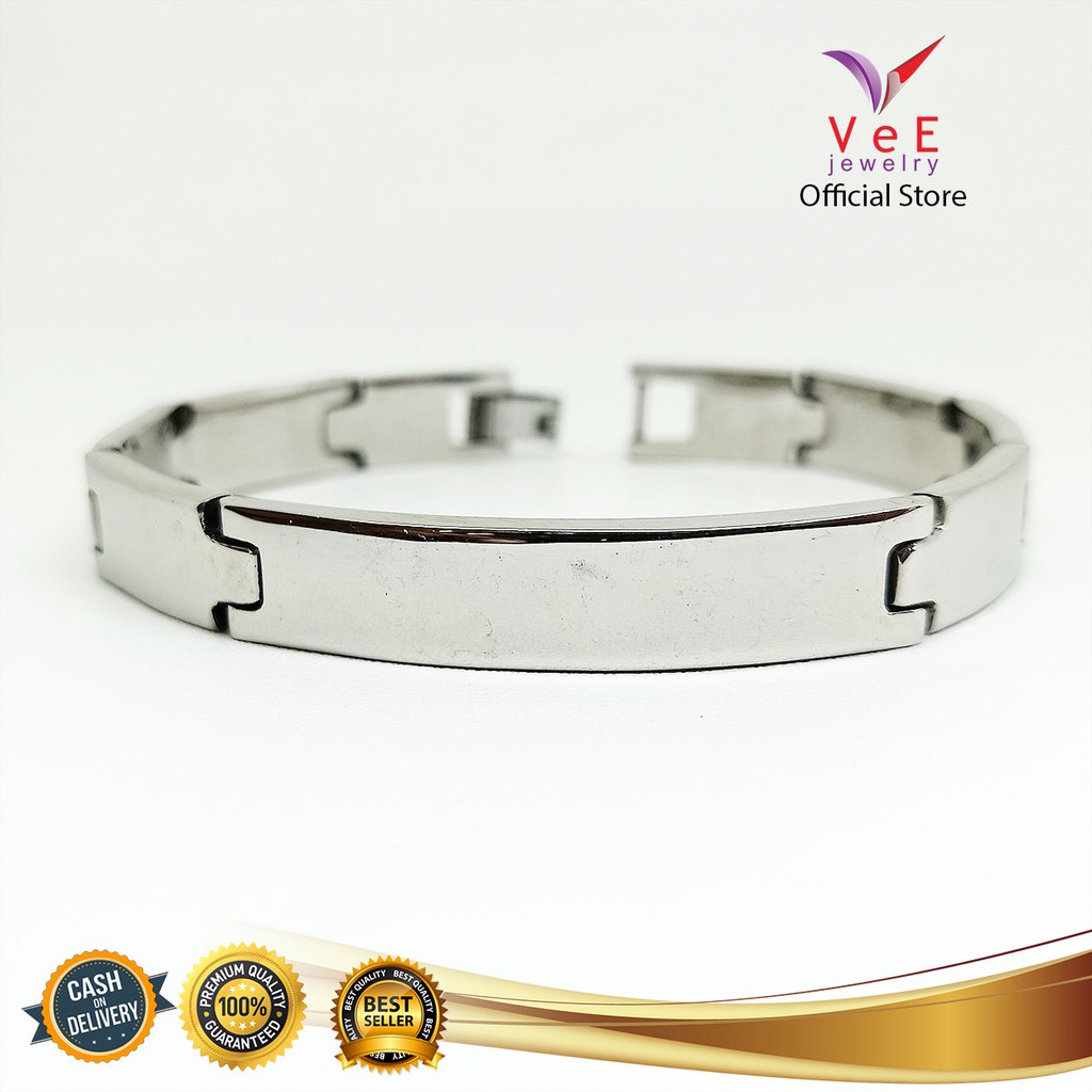 Gelang  Titanium Perak Jam Plat Panjang - VeE Gelang Tangan Wanita Pria