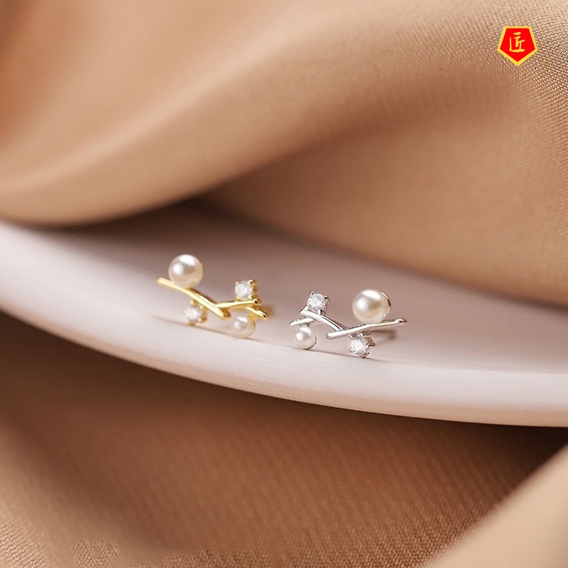 [Ready Stock]Elegant 925 Silver Small Branch Pearl Ear Studs