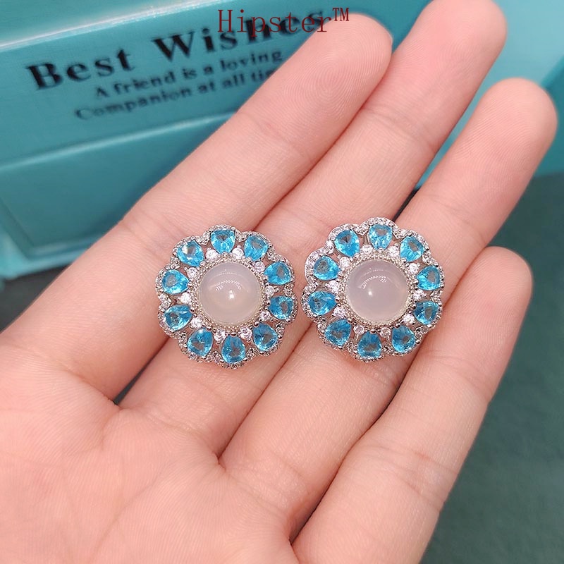 White Chalcedony Necklace Ring Sapphire Earrings Pendant Set for Women