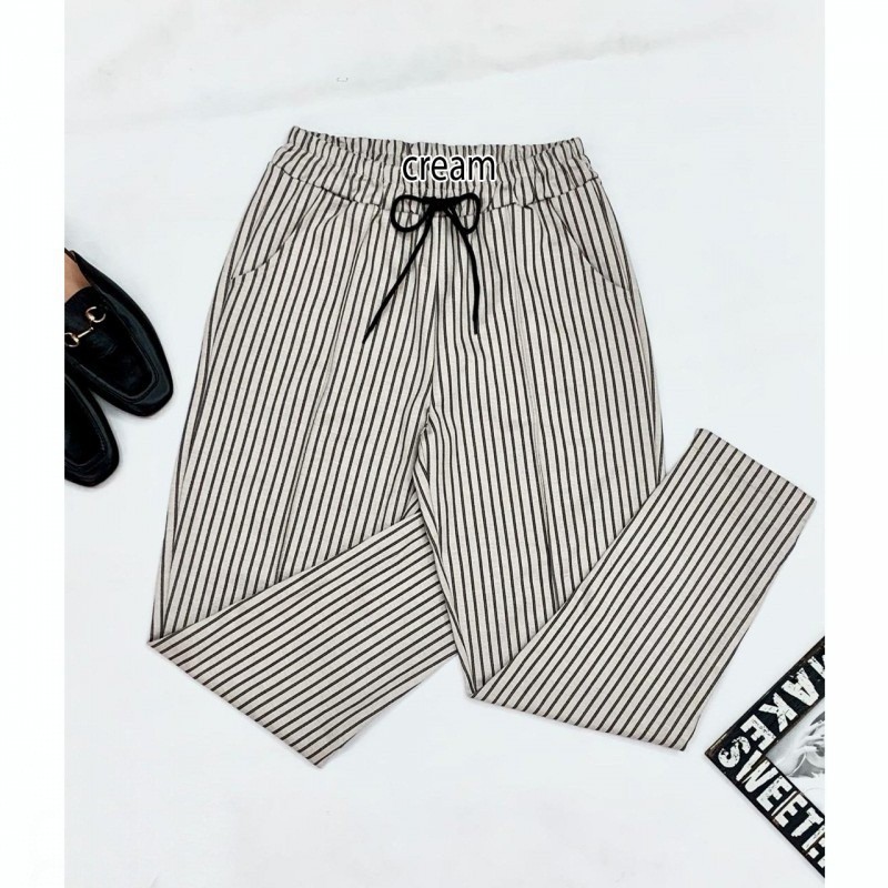 [baju wanita korea]  Celana Panjang Midi Garis Crop Pants Karet Wanita Korea Import