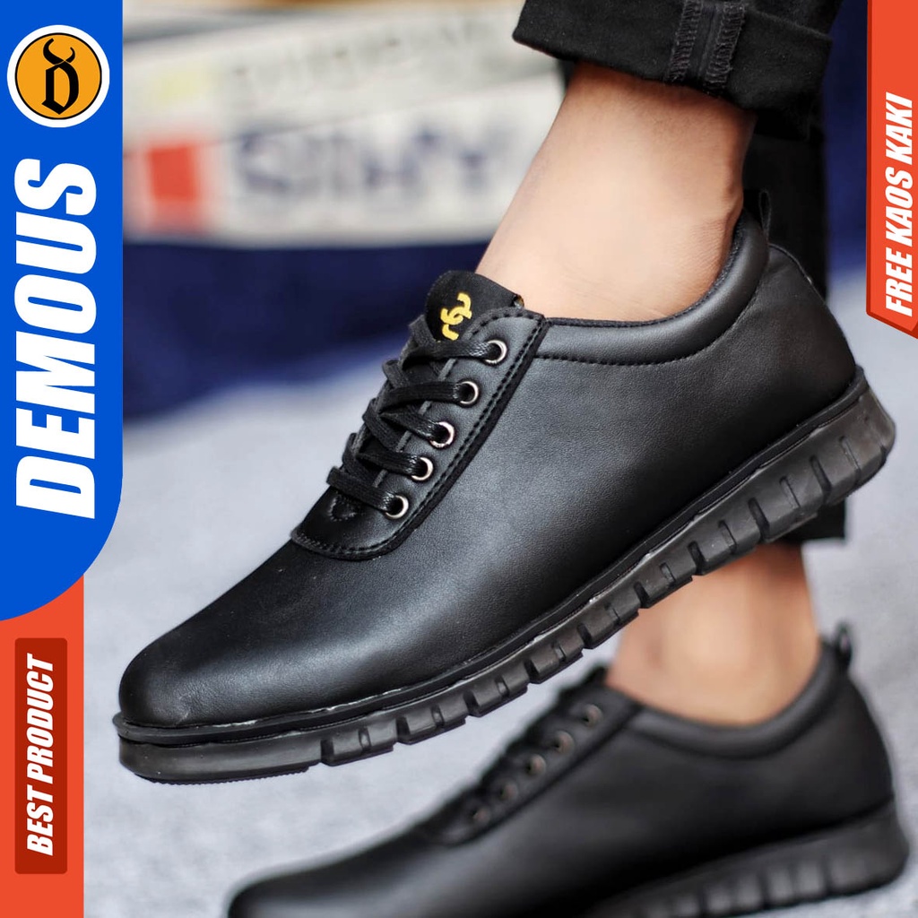 Sepatu Formal Casual Pria Kulit Pu Pantofel Kerja Hitam Fullblack Demous Brrodi