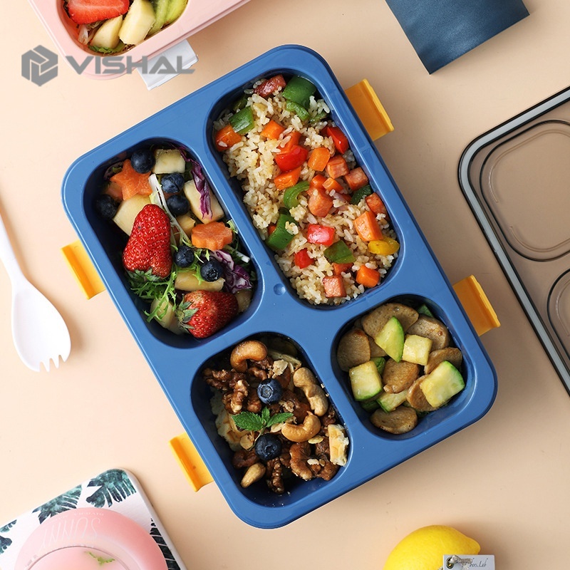 VISHAL 1250ml Kotak Makan 4 Grid Dengan Dengan Kotak Sup Dan Sendok Gratis Anti Tumpah Berbahan
