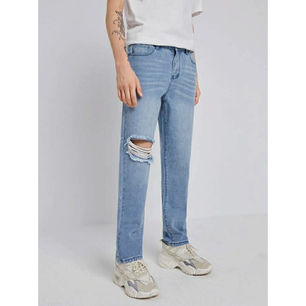 CELANA SOBEK PRIA RIPPED JEANS STANDAR BASIC REGULER DENIM ROBEK 27-38