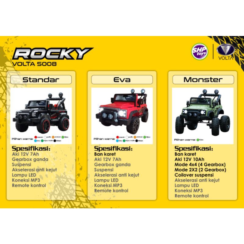 MOBIL AKI ROCKY VOLTA 5008 BAN PLASTIK/KARET REMOTE BLUETOOTH~MAINAN MOBIL AKI~MOBIL AKI ANAK~MAINAN ANAK