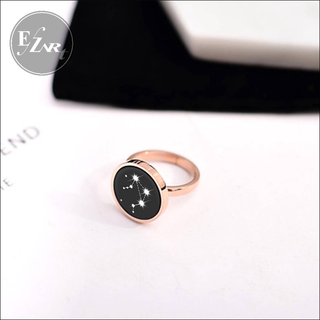 CINCIN KONSTELASI RASI BINTANG ZODIAK ROSE GOLD BULAT HITAM WANITA SIMPLE TITANIUM STEEL