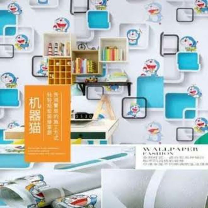 Wallpaper dinding doraemon kotak 3d ukuran 45cm×10m-Doraemon kotak 3d