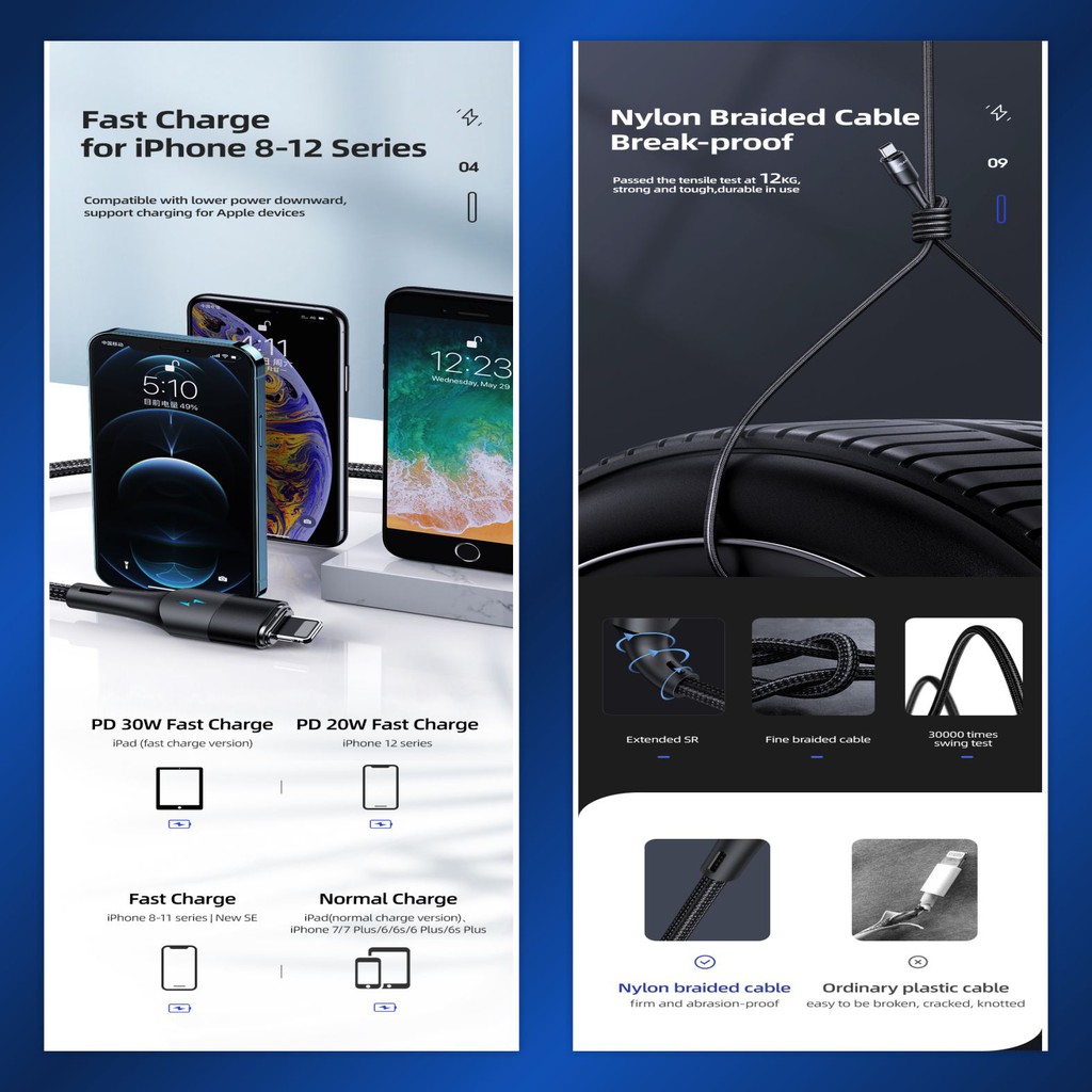 USAMS U66 Kabel Data Magnetic Type-C to Lightning 20W + Type-C 60W PD Fast Charging