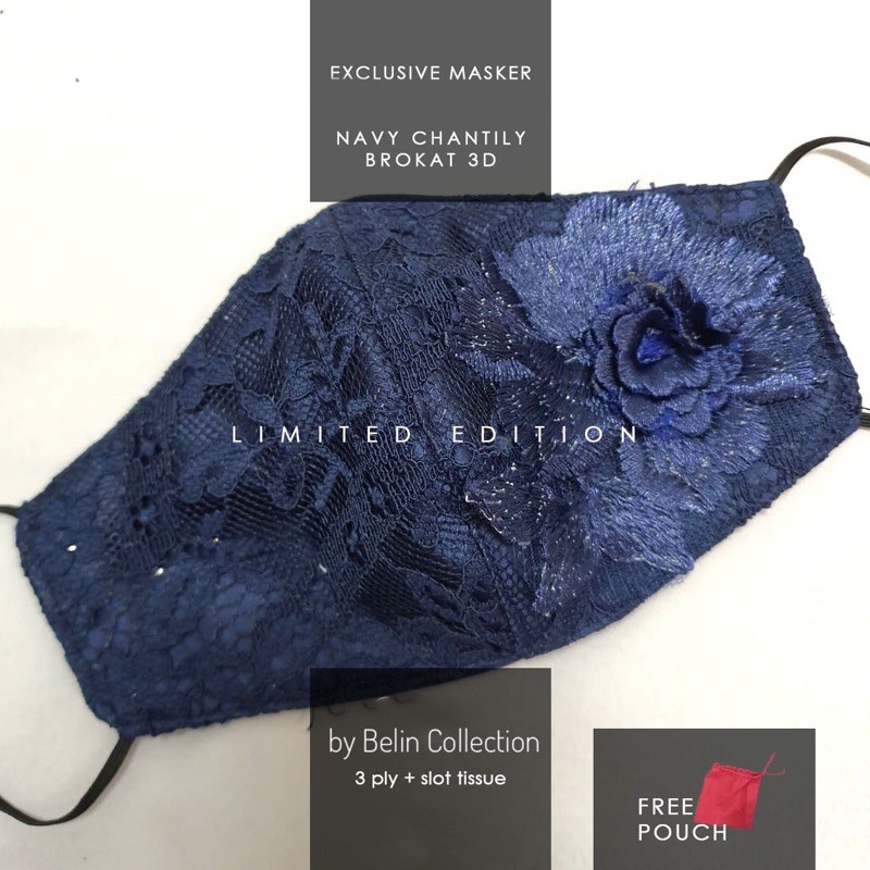 Masker Kain Brokat Premium Pesta 3ply| Navy Blue Chantily Bunga 3D / Payet