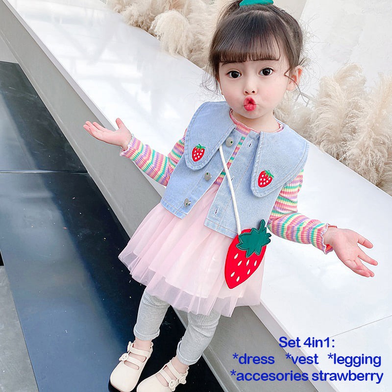 Dress Baby Perempuan Premium Dengan Vest Strawberry Rainbow Tutu