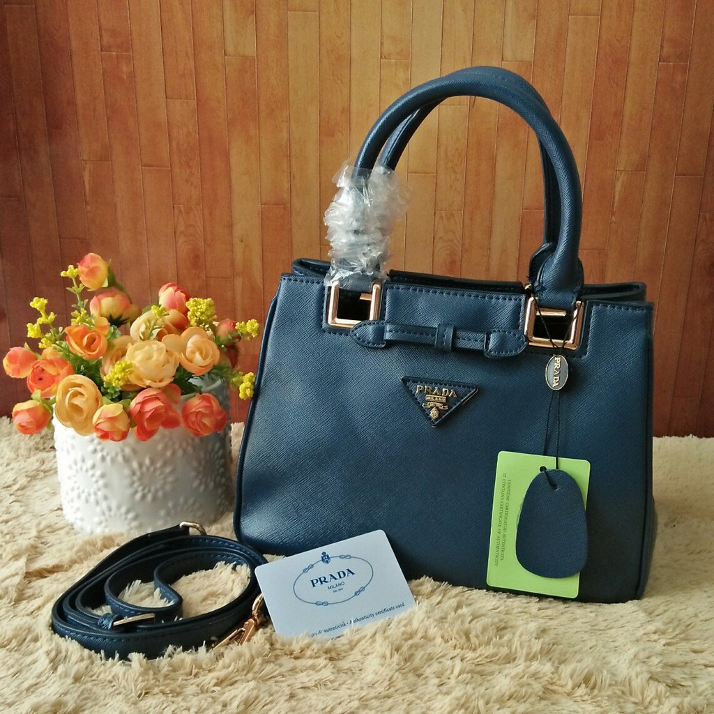 Best Seller Tas Tangan Kerja Fashion branded Prada Belt Hias Pita Warna Biru Navy