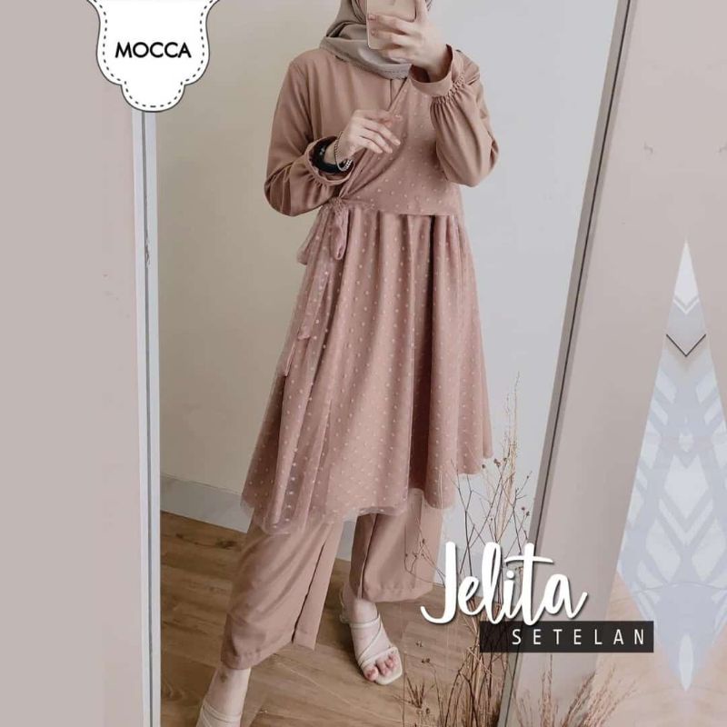 BAJU SET JELITA  BAHAN MOSCREPE KOMBINASI TILE DOT,(JCL)