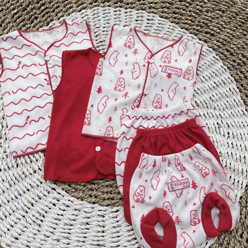 3 PCS Baju Bayi Lengan Kutung+ Celana Pop Bayi Baru Lahir Baju Bayi Setelan Warna Merah Celana Bayi Newborn Hampers Bayi Hadiah Lahiran Bayi DNW BABY