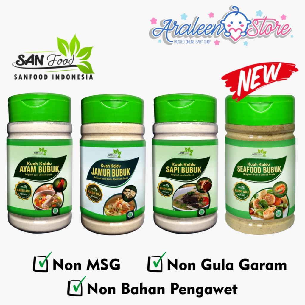 

SANFOOD Kuah Kaldu Bubuk MPASI, Non Gula Garam, Non MSG , Tanpa Pengawet Mulai 6 Bulan
