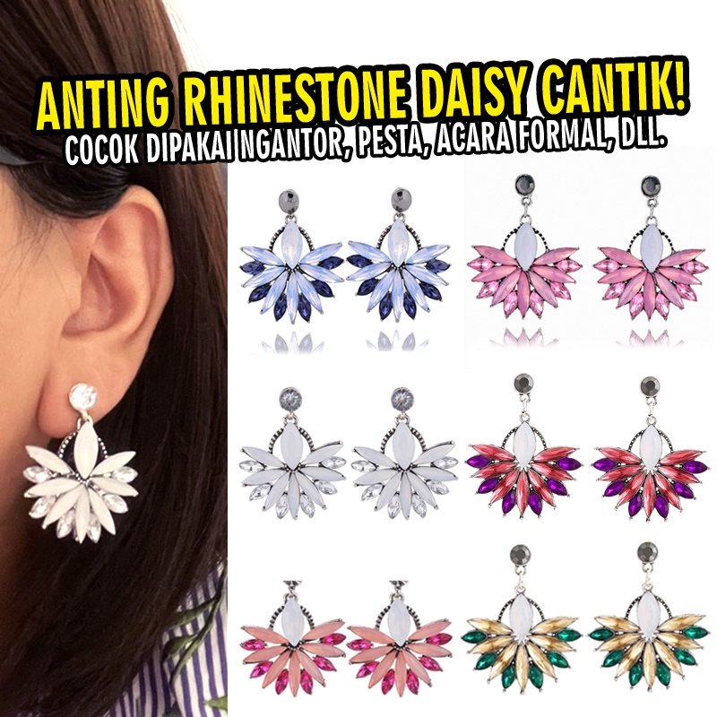 Anting tusuk jarum gantung model bunga daisy besar desain full berlian permata rhinestone untuk wanita cantik style fashion vintage boho diamond earring