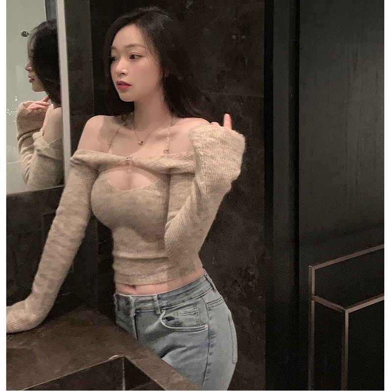 Song Zhiya gaya yang sama off-the-shoulder sweater halter suspender rajutan sweater wanita musim sem