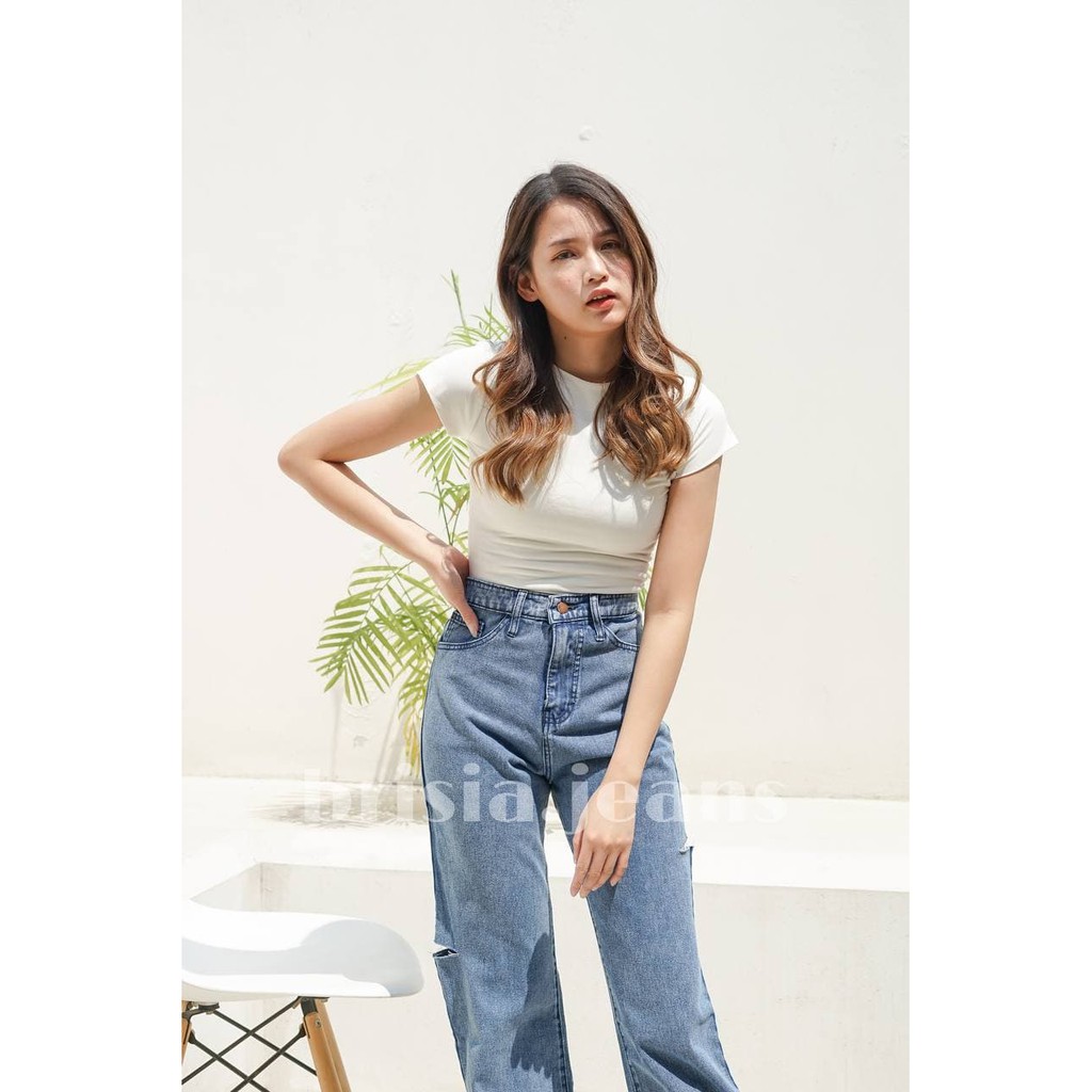 BRISIA JEANS - MIDO Boyfriend Jeans (Cut Side) Highwaist - Snow Blue Size 27-38 / Loose Jeans Ripped