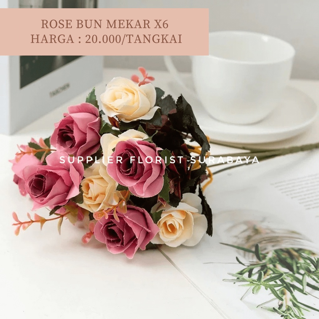 ROSE BUN MEKAR 1 TANGKAI CABANG 6 @2KEPALA, TOTAL 12 KEPALA BUNGA PALSU ARTIFICIAL FLOWER BUNGA MAINAN DIY FLORIST