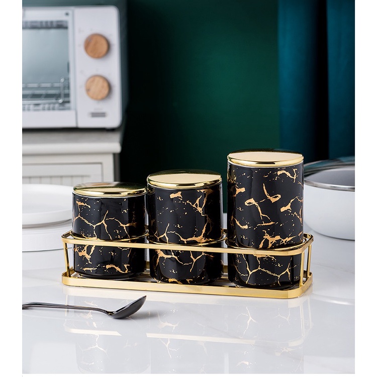 Mi.more Snack Jar Set Dengan Panjang/Trapesium Gold Rak Puith Hitam/ Toples Makanan Cemilan Gold Mewah Motif Marble Marbel