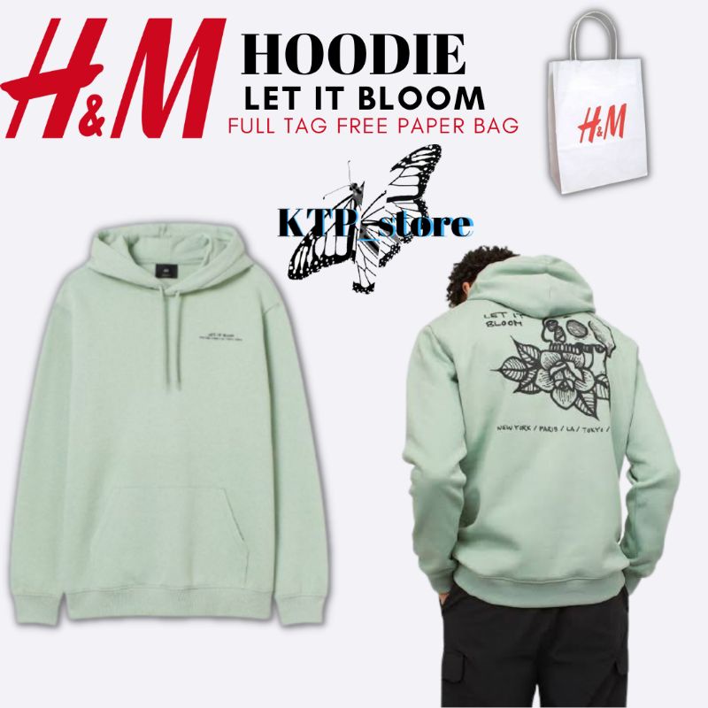 SWEATER HOODIE H&M LET IT BLOOM GREEN FULL TAG FREE PAPER BAG H&M JAKET/SWEATER PRIA WANITA HOODIE H