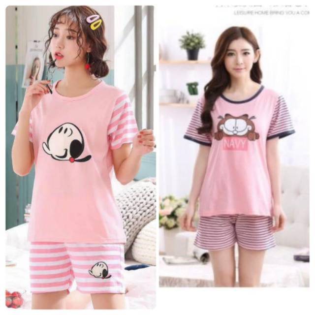 Baju Tidur Piyama Wanita Bahan Kaos Tebal Import Celana Pendek All Size L