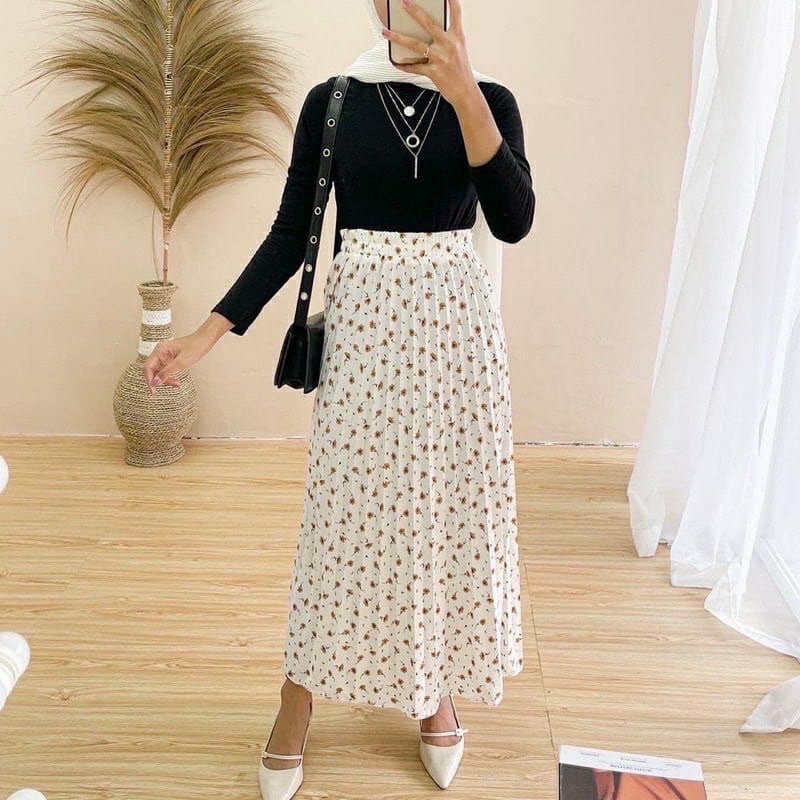 ROK PLISKET MOTIF BUNGA POLKA WANITA  / ROK PLISKET DAISY PREMIUM