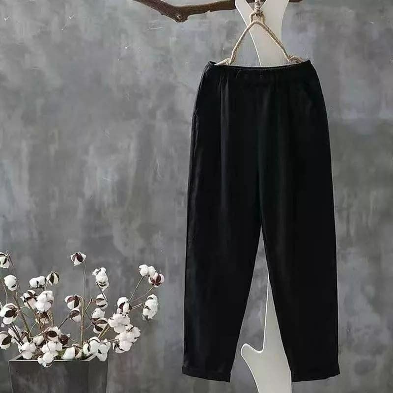 Celana Baggy Kancing Lipat Bawah Bahan Katun Rami Highwaist-Baggy Pant-Celana Panjang Wanita-Celana Baggy-Celana Kekinian-Celana Panjang-Bawahan Wanita-Hitam