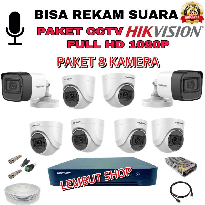 (audio) paket camera cctv 8 kamera hikvision 2mp audio built in mic 1080p 8 channel ch bisa rekam suara 8ch 8channel 2 mp megapixel original murah