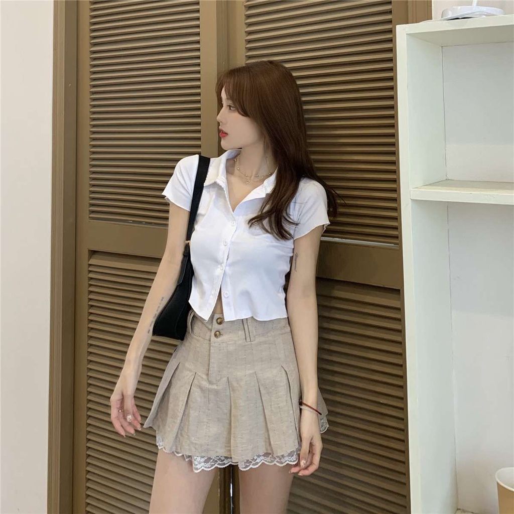 #Sisjuly# Korea GadispoloKerah Cardigan Lengan PendekTT-shirt+Desain Katun dan Linen Renda Jahitan Lipit Rok P