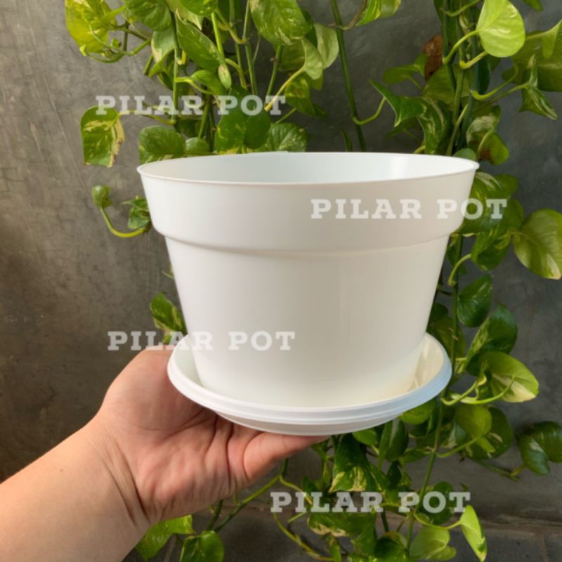 pot bunga tanaman nkt putih polos 20cm + tatakan putih