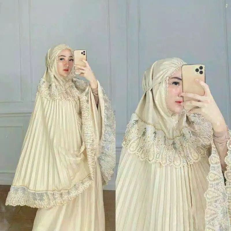 mukena dewasa katun plisket renda swarovski