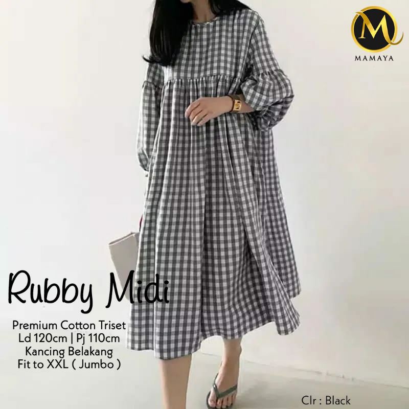 DRESS WANITA JUMBO/DRESS MIDI WANITA PREMIUM KATUN TRISET JUMBO LD 120 CM FIT XXL/RUBBY MIDI
