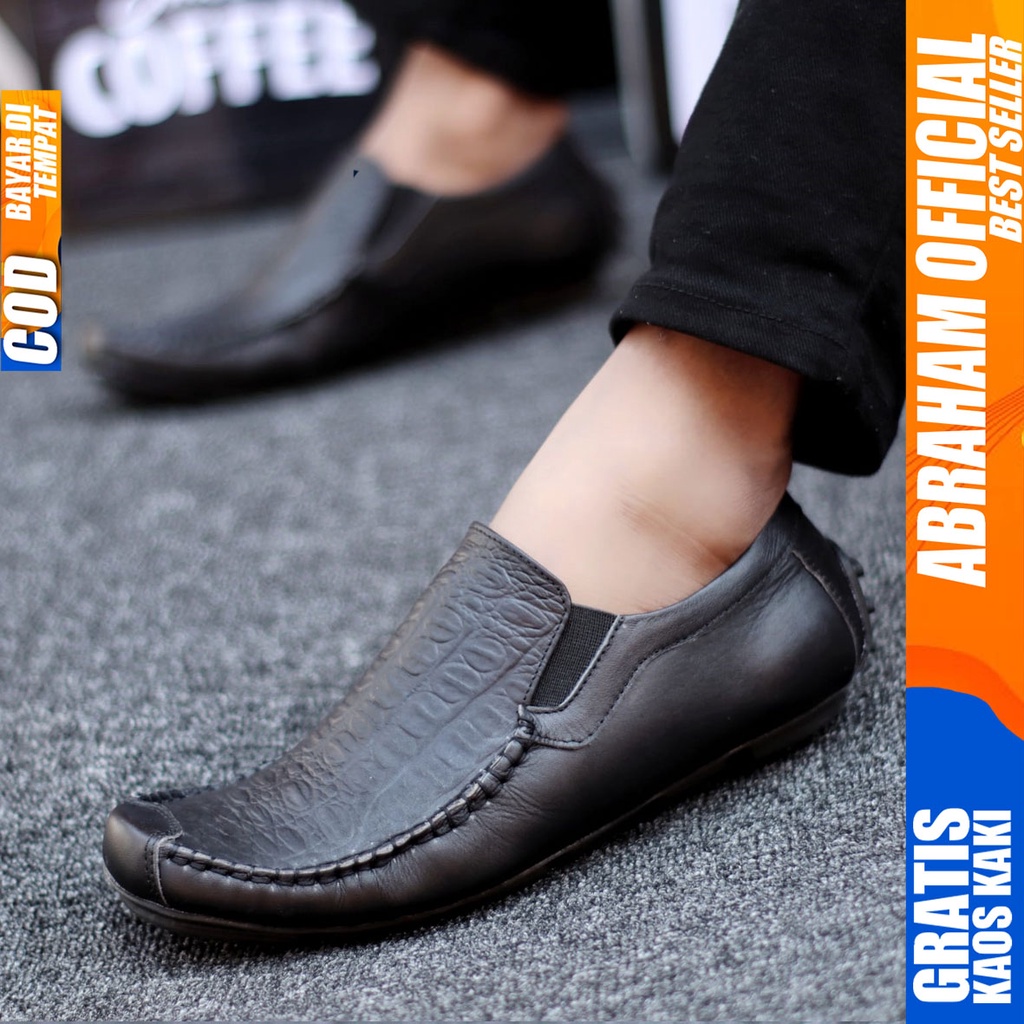 Abraham Asbul - Sepatu Casual Slip On Pria Kulit Asli Kerja Kantor Hitam