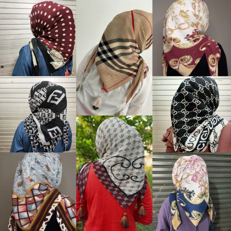 COD HIJAB JILBAB KERUDUNG SEGIEMPAT DENAY PLISKET TASSEL POMPOM MOTIF COTTON VOAL / Segi empat plisk