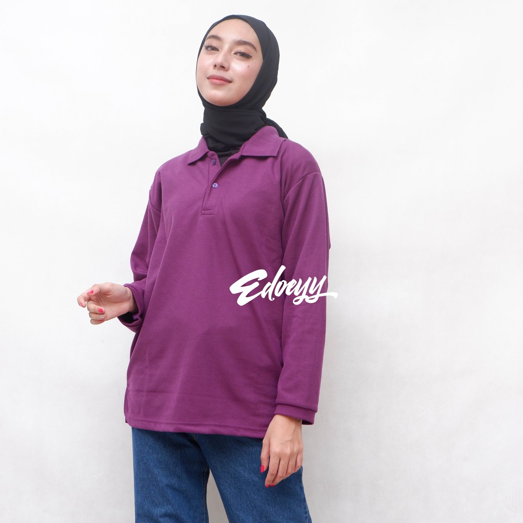 Kaos Polo Shirt Wanita Lengan Panjang Ungu Tua - Baju Kerah Berkerah Cewek Lengan Panjang