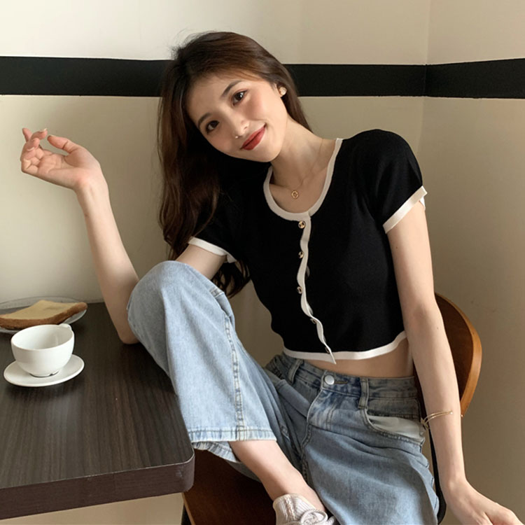 Kaos Lengan Pendek Model Crop Top Bahan Rajut Gaya Korea Untuk Wanita